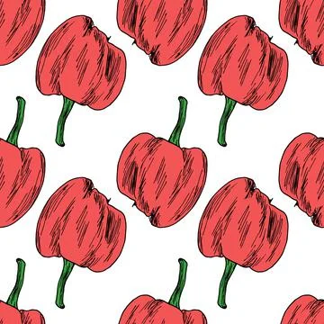 Seamless pattern of red peppers. the whole vegetable pepper pattern, hand-drawn Stock Illustration