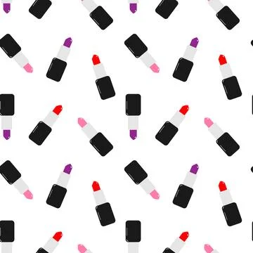 Seamless pattern with red, pink and purple lipsticks in black cases in simple Stock Illustration