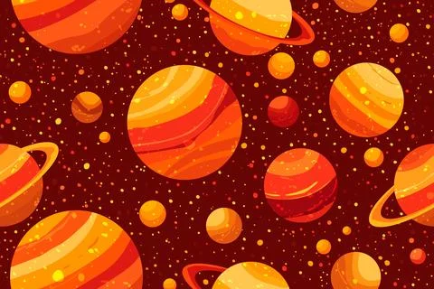 Seamless pattern with red planets and stars in textured vector style background. Stock Illustration