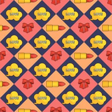 Seamless pattern with red plump sexy female lips, lipstick and bow. イラスト素材