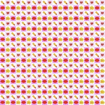 Seamless pattern with red plump sexy female lips, lipstick and bow. イラスト素材