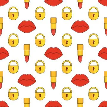 Seamless pattern with red plump sexy female lips, lipstick and lock. Illustrazione stock