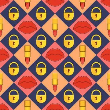 Seamless pattern with red plump sexy female lips, lipstick and lock. Illustrazione stock