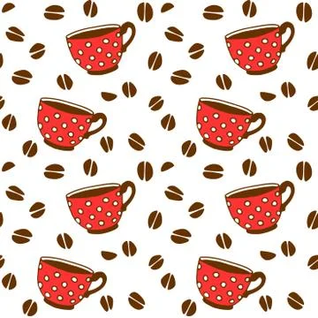 Seamless pattern with red polka dot cups mugs and grains of coffee. Hand draw Stock Illustration
