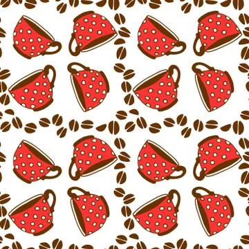 Seamless pattern with red polka dot cups mugs and grains of coffee. Hand draw Stock Illustration