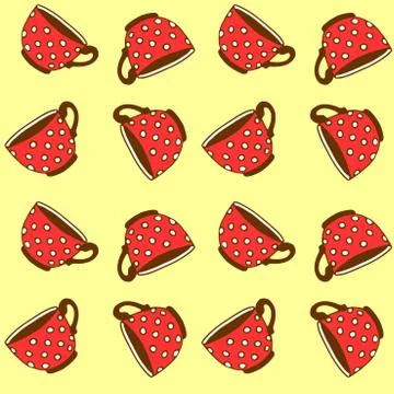 Seamless pattern with red polka dot cups. Vector background and texture with  스톡 일러스트