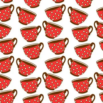 Seamless pattern with red polka dot cups. Vector background and texture with  스톡 일러스트