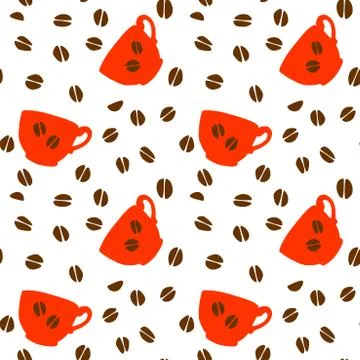 Seamless pattern with red polka dot cups mugs and grains of coffee. Hand draw Illustrazione stock