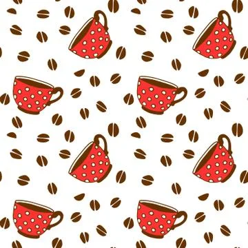 Seamless pattern with red polka dot cups mugs and grains of coffee. Hand draw Stock Illustration