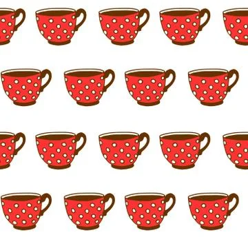 Seamless pattern with red polka dot cups. Vector background and texture with  스톡 일러스트