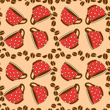 Seamless pattern with red polka dot cups mugs and grains of coffee. Hand draw Stock Illustration