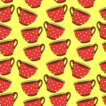 Seamless pattern with red polka dot cups. Vector background and texture with  Stock Illustration