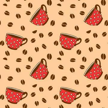Seamless pattern with red polka dot cups mugs and grains of coffee. Hand draw 스톡 일러스트