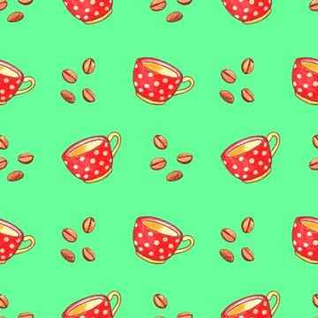 Seamless pattern with red polka dot cups mugs and grains of coffee. Hand draw Stock Illustration