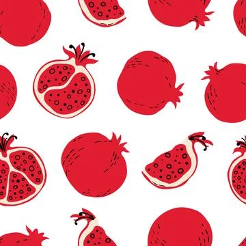 Seamless pattern with red pomegranates and pomegranate slices. Stock Illustration