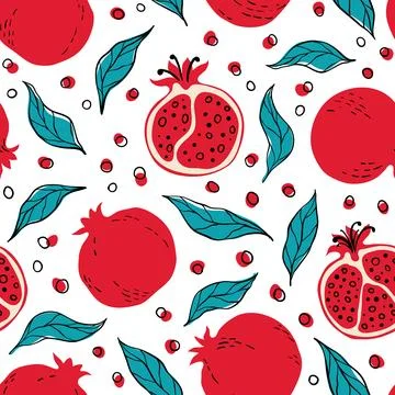 Seamless pattern with red pomegranates and pomegranate slices. Stock Illustration