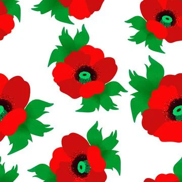 Seamless pattern with red poppies. Blooming red poppies, repeating continuous Stock Illustration