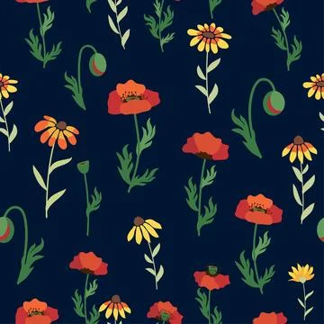 Seamless pattern with red poppies, white chamomile flowers, yellow rudbeckia. Stock Illustration