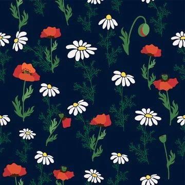 Seamless pattern with red poppies, white chamomile flowers, yellow rudbecki.. イラスト素材