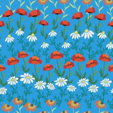 Seamless pattern with red poppies, white chamomile flowers, yellow rudbecki.. Stock Illustration