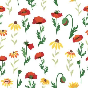 Seamless pattern with red poppies, white chamomile flowers, yellow rudbecki.. Stock Illustration