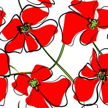 Seamless pattern with red poppy flowers and buds on white. Stock Illustration