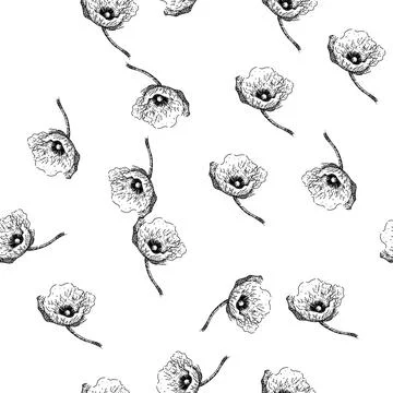 Seamless pattern red poppy sketch hand drawn Stock Illustration