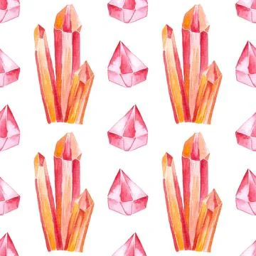 Seamless pattern of red quartz, garnet or ruby, hand drawn watercolor on white 스톡 일러스트