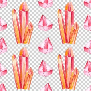 Seamless pattern of red quartz, garnet or ruby, hand drawn watercolor on white 스톡 일러스트