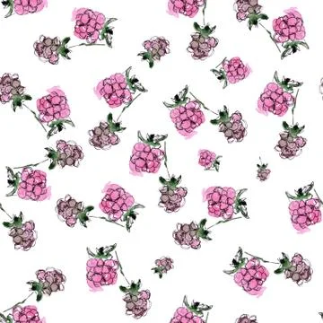 Seamless pattern with red raspberry and fresh green leaves on white background. Stock Illustration