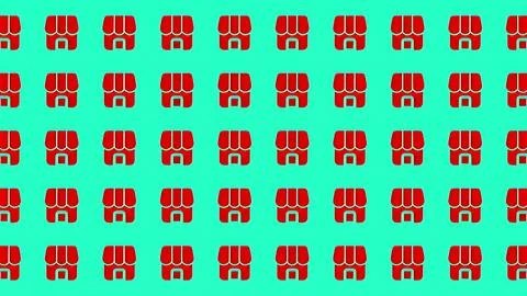 Seamless pattern of red retail shop icons on a bright turquoise background .. Illustrazione stock