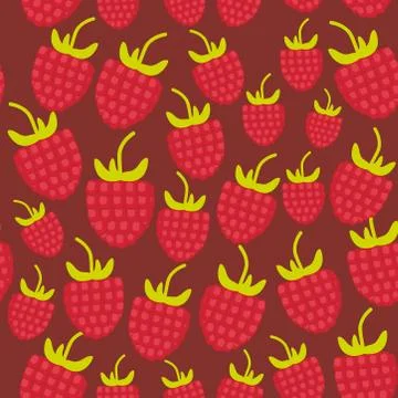 Seamless pattern Red ripe raspberries Fresh juicy berries on burgundy maroon  Stock Illustration