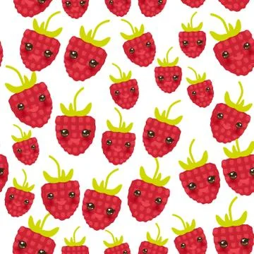 Seamless pattern Red ripe raspberries Fresh juicy berries kawaii funny face w Illustrazione stock