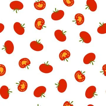 Seamless pattern with red ripe whole and sliced tomatoes in cartoon hand drawn Stock Illustration