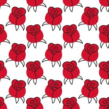 Seamless pattern with red rose buds outlined in black on white background 스톡 일러스트