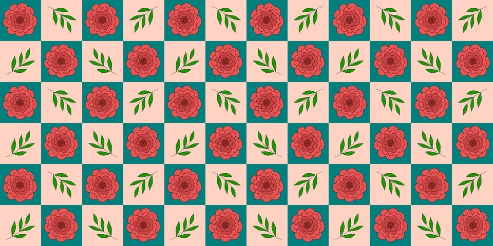 Seamless pattern with red rose flower head and green branches, checked pink blue Illustrazione stock