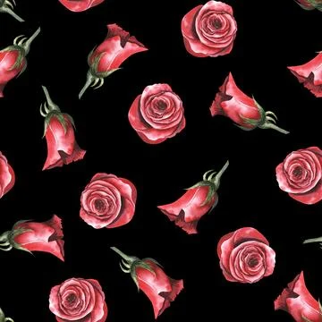 Seamless pattern red rose flowers vintage abstract black background Stock Illustration