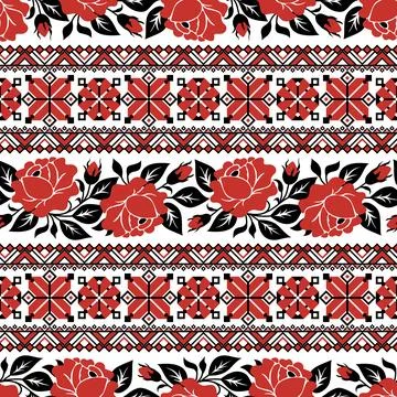 Seamless Pattern with Red Rose Inspired by Ukrainian Traditional Embroidery Illustrazione stock