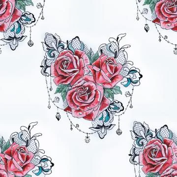 Seamless pattern of a red rose on a white background. Stock Illustration