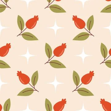 Seamless pattern with red rosehip berries branch and stars arranged in polka  스톡 일러스트