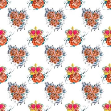 Seamless pattern of red roses and crown with flowers on a white background. Stock Illustration