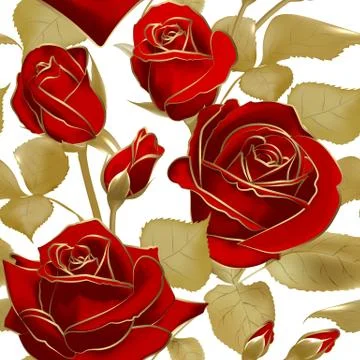 Seamless pattern with red roses and gold outline on white backdrop. Vintage Illustrazione stock