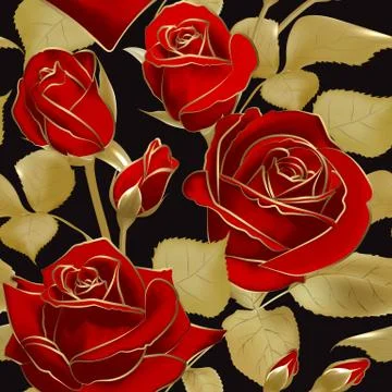Seamless pattern with red roses and gold outline on black backdrop. Vintage Illustrazione stock