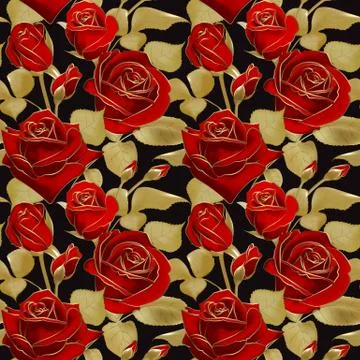 Seamless pattern with red roses and gold outline on black backdrop. Vintage Illustrazione stock