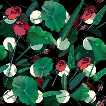 Seamless pattern with red roses and yellow circles geometric shapes and green Stock Illustration