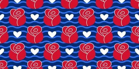 Seamless pattern with red roses and white hearts on blue wavy background. Flat Stock Illustration