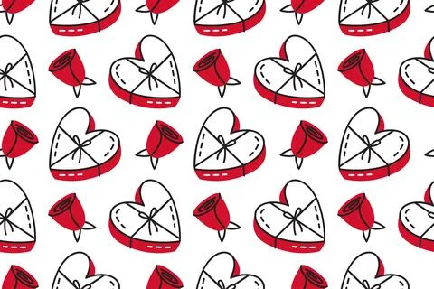 Seamless pattern of red roses and heart boxes on white background. Doodle design イラスト素材