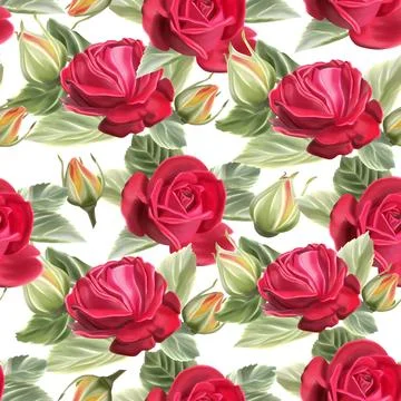 A seamless pattern of red roses and blooming flowers with green leaves pain.. Stock Illustration