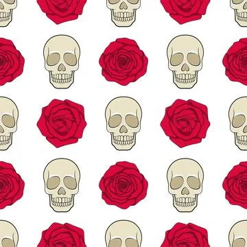 Seamless pattern with red roses and skulls Stock Illustration