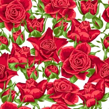 Seamless pattern with red roses. Beautiful realistic flowers, buds and leaves Stockillustratie